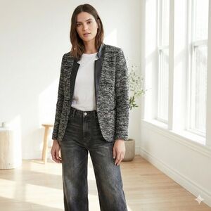 Club Monaco black & white wool tweed blazer with leather details - size 00 (XS)